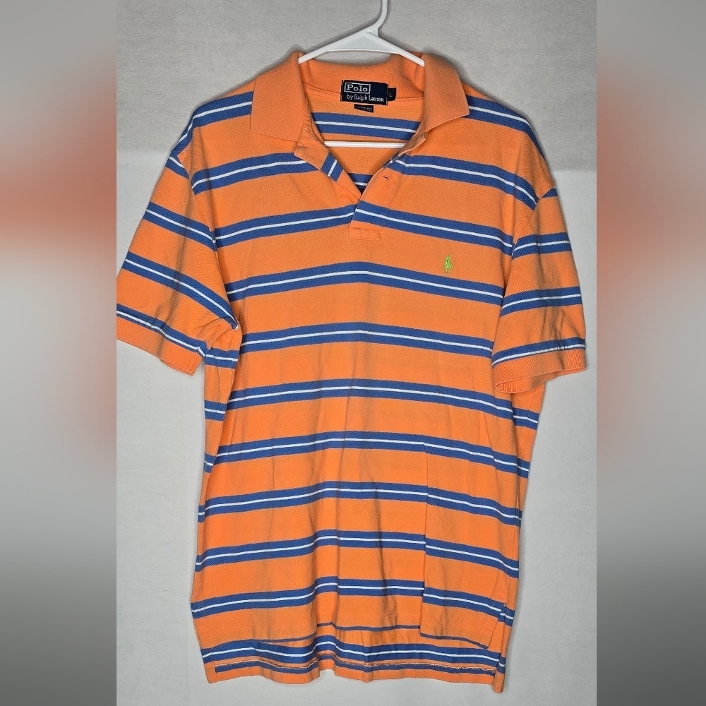 Polo Ralph Lauren Mens Size Large Peach Sky Blue Striped Cotton Shirt Green Pony